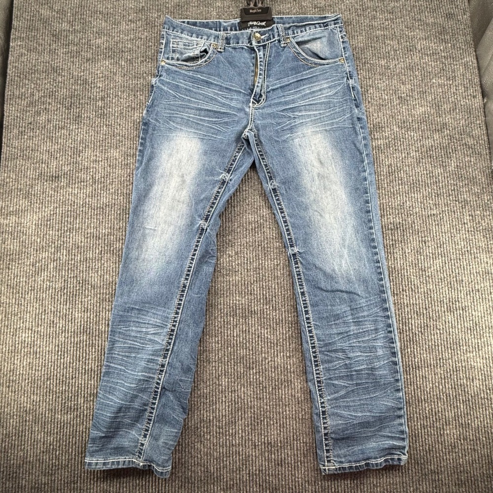 True Luck Jeans Mens 36x32 Blue Good Straight Leg Whiskered Stretch Denim